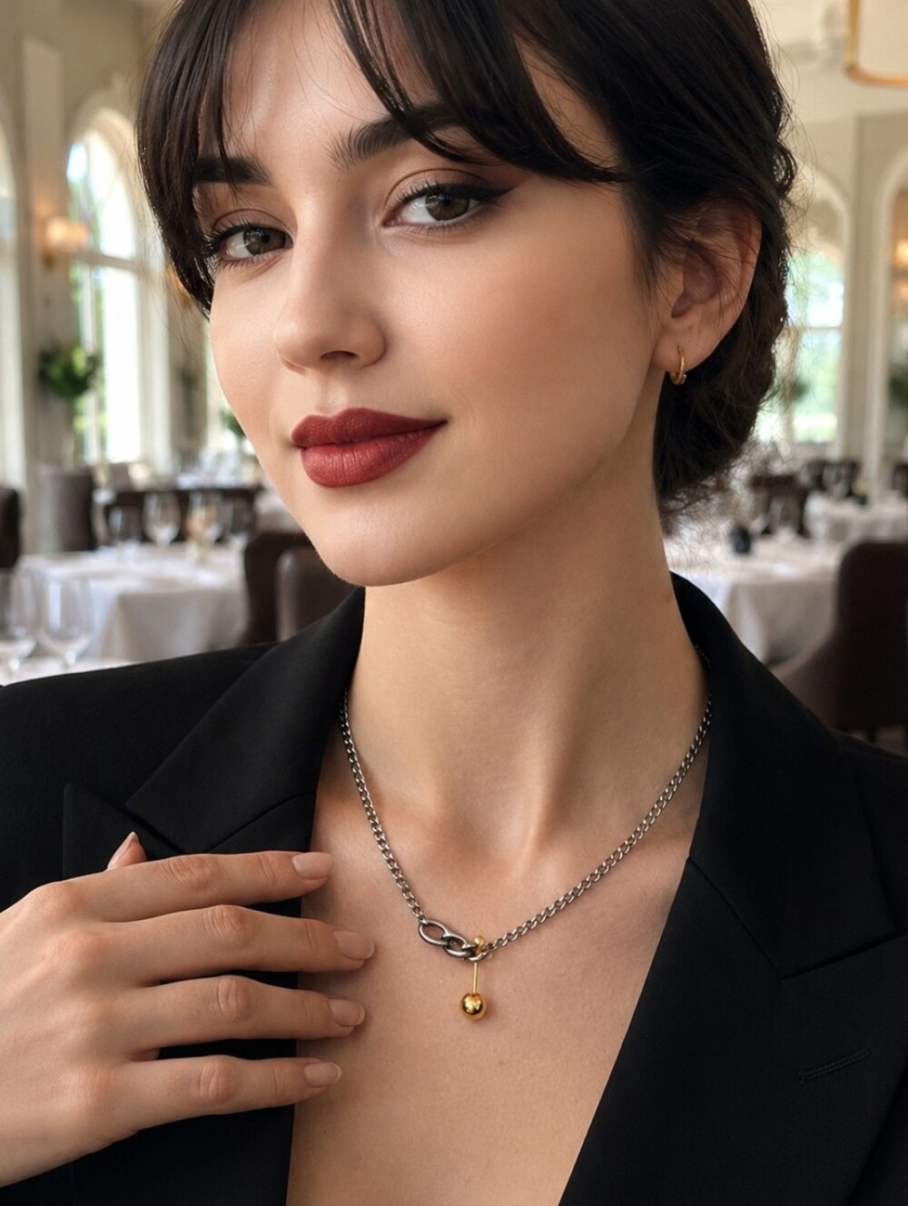Mixed Metal 18K Gold Plated Stainless Steel Ball Bar Pendant Chain Necklace